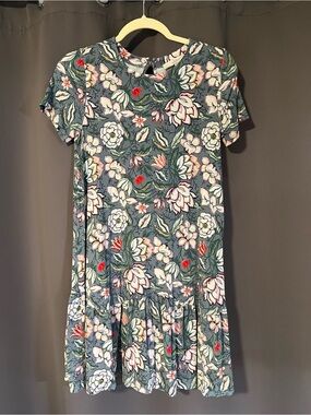 LOFT Floral Short-Sleeve Dress in Teal with Pink and Red Accents